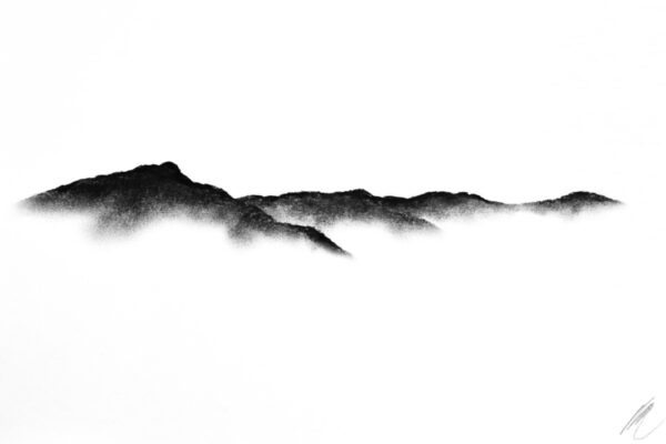 original charcoal art by lake district artist Daniel cooper Solitude Form 1 the old man coniston - dramatic mountain silhouette