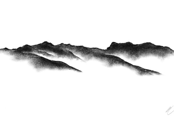 original charcoal art by lake district artist Daniel cooper Solitude Form 2 loughrigg from rydal water - dramatic mountain silhouette