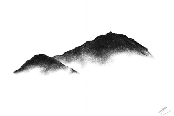 original charcoal art by lake district artist Daniel cooper Solitude Form helm crag from grasmere - dramatic mountain silhouette