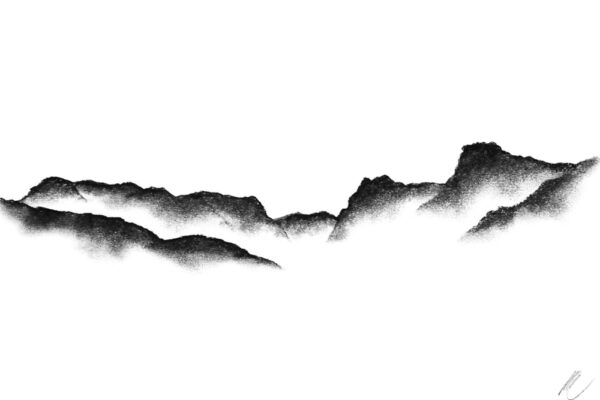 original charcoal art by lake district artist Daniel cooper Solitude Form 5 the langdales from windermere - dramatic mountain silhouette