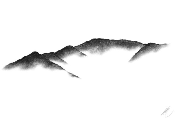 original charcoal art by lake district artist Daniel cooper Solitude Form 9 fairfield horseshoe from windermere - dramatic mountain silhouette