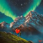 Original oil painting by David Renshaw in the Northern Romance series. Ted and Doris hold a heart between them, on the slopes of a hill. Behind them the Northern Lights dance in the sky above snow capped mountains