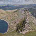 lake district art original oil painting by local artist simon whitfield the iconic striding edge in summer from helvellyn featuring red tarn