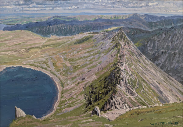 lake district art original oil painting by local artist simon whitfield the iconic striding edge in summer from helvellyn featuring red tarn