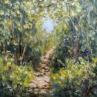 lake district art original oil painting by local artist Jeff Sudders. A woodland footpath with blossoming flowers blue skies peaking through the trees.