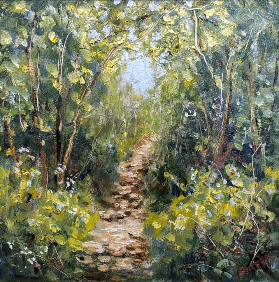 Summer Footpath (Near Ambleside) by Jeff Sudders product image lake district art original oil painting by local artist Jeff Sudders. A woodland footpath with blossoming flowers blue skies peaking through the trees.