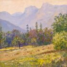 Lake District art original oil painting Summer in the Langdale Valley by Jeff Sudders of colourful trees in front of the Langdale Pikes with a salmon pink sky.