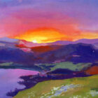 Original by Joanna Mlynarczyk a Lake District mixed media painting of vibrant sunset overlooking the Catbells.