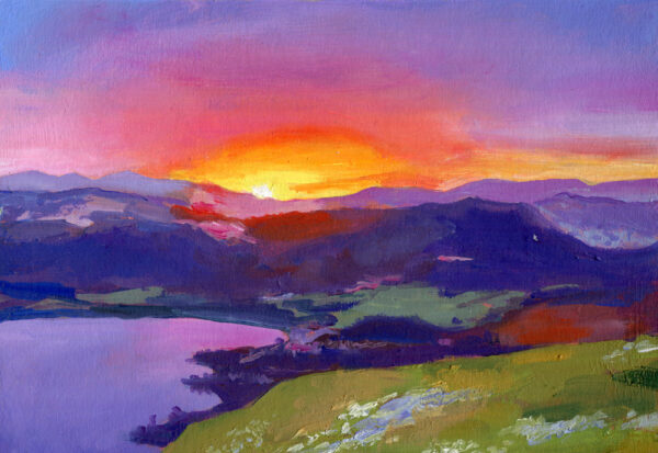 Original by Joanna Mlynarczyk a Lake District mixed media painting of vibrant sunset overlooking the Catbells.