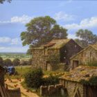 A detailed rural landscape painting depicting a traditional stone farmstead surrounded by mature trees under a bright blue sky filled with billowing white clouds. Weathered stone barns and outbuildings frame a farmyard where chickens wander along a dirt track beside a vintage blue tractor. Beyond the farm, patchwork fields stretch across the countryside to the distant horizon, creating a peaceful and nostalgic agricultural scene.