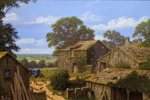 A detailed rural landscape painting depicting a traditional stone farmstead surrounded by mature trees under a bright blue sky filled with billowing white clouds. Weathered stone barns and outbuildings frame a farmyard where chickens wander along a dirt track beside a vintage blue tractor. Beyond the farm, patchwork fields stretch across the countryside to the distant horizon, creating a peaceful and nostalgic agricultural scene.