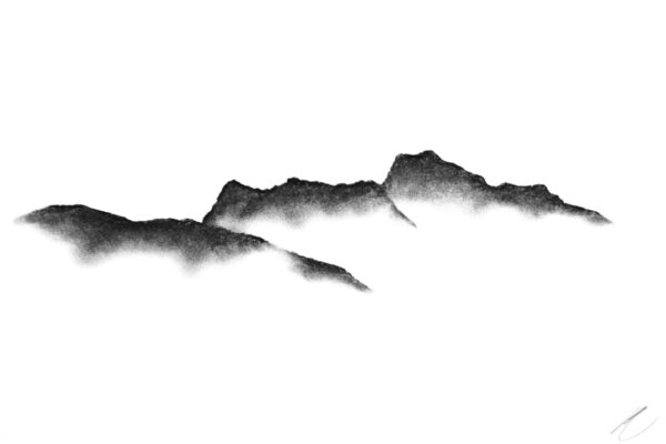 original charcoal art by lake district artist Daniel cooper Solitude Form 8 the langdale pikes from blea tarn - dramatic mountain silhouette