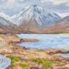 Oil painting of Wastwater in the West of Cumbria, by Jeff Sudders. Yewbarrow, Wastwater and Scafell are all snow capped, with a cloudy sky above.