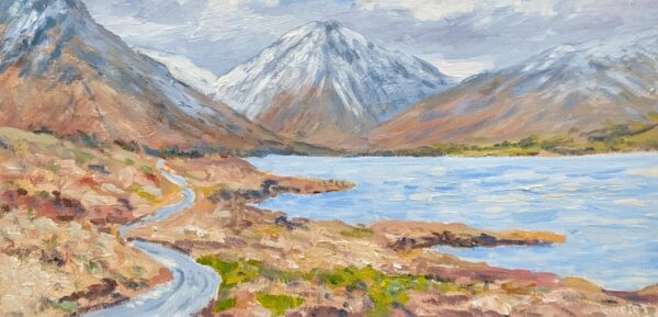 Oil painting of Wastwater in the West of Cumbria, by Jeff Sudders. Yewbarrow, Wastwater and Scafell are all snow capped, with a cloudy sky above.
