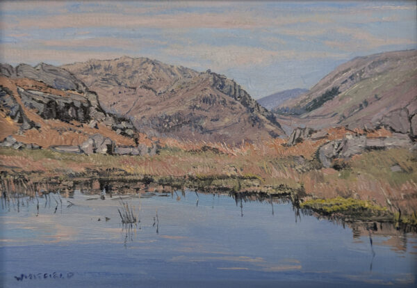 lake district art original oil painting by local artist simon whitfield looking towards helm crag grasmere from spedding crag tarn