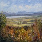 Lake District artist Jeff Sudders has produced a landscape painting showing a meadow filled with wildflowers in the foreground, painted in warm yellows, pinks, oranges, and greens. A low stone wall runs across the middle distance, beyond which Windermere stretches toward the western shoreline, the Langdale Pikes and Bowfell range.