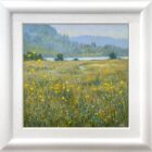 Lake District art original oil painting by Jeff Sudders Water Meadows by Windermere. impasto yellow flowers and floral reeds along lakeshore