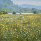 Lake District art original oil painting by Jeff Sudders Water Meadows by Windermere. impasto yellow flowers and floral reeds along lakeshore