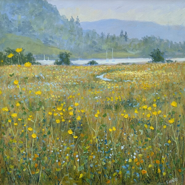 Lake District art original oil painting by Jeff Sudders Water Meadows by Windermere. impasto yellow flowers and floral reeds along lakeshore