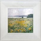 lake district art original oil painting by local artist Jeff Sudders. Blossoming yellow flowers on a hill overlooking lake Windermere. Display in a white frame.