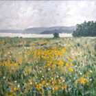 lake district art original oil painting by local artist Jeff Sudders. Blossoming yellow flowers on a hill overlooking lake Windermere.