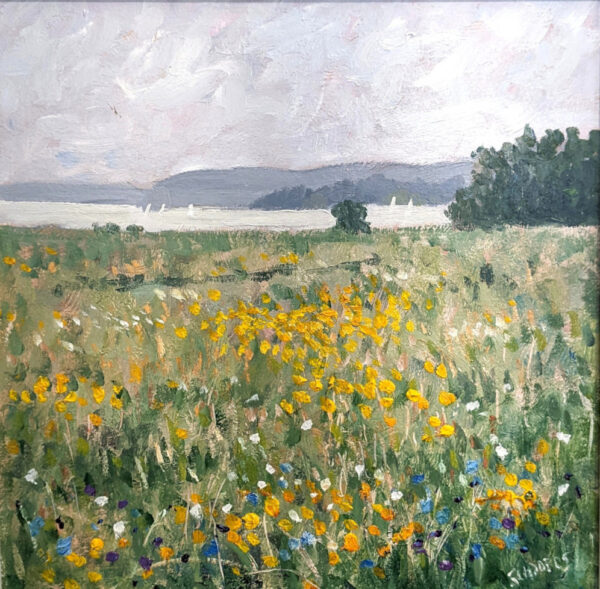 lake district art original oil painting by local artist Jeff Sudders. Blossoming yellow flowers on a hill overlooking lake Windermere.