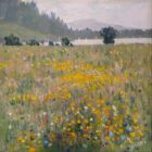 Lake District art original oil painting Waterhead Meadow I by Jeff Sudders of orange and yellow wildflowers in a meadow with boats on the lake at Windermere in the distance.
