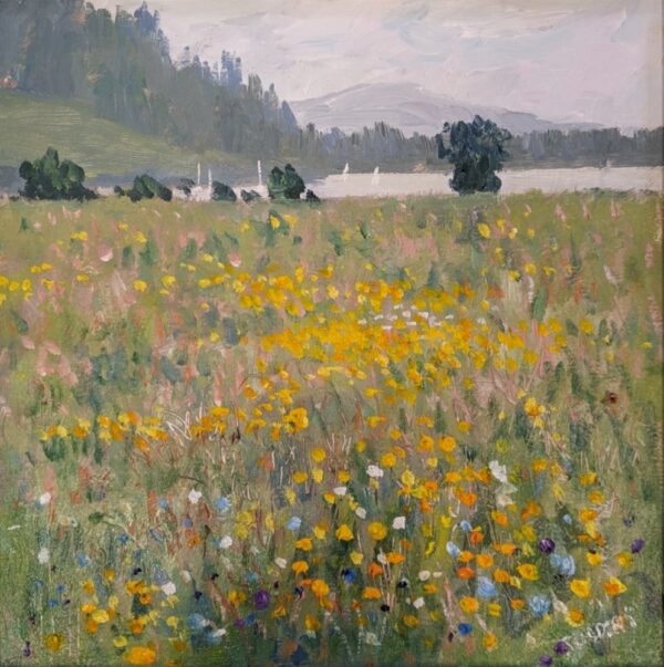 Lake District art original oil painting Waterhead Meadow I by Jeff Sudders of orange and yellow wildflowers in a meadow with boats on the lake at Windermere in the distance.