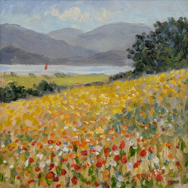 Lake District art original oil painting Wildflower Meadow by Jeff Sudders of a yellow buttercup meadow with red poppies and the mountains and lake in the background.