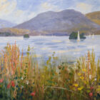 Lake District art original oil painting by Jeff Sudders. windermere shoreline colourful floral front overlooking lake islands and fells