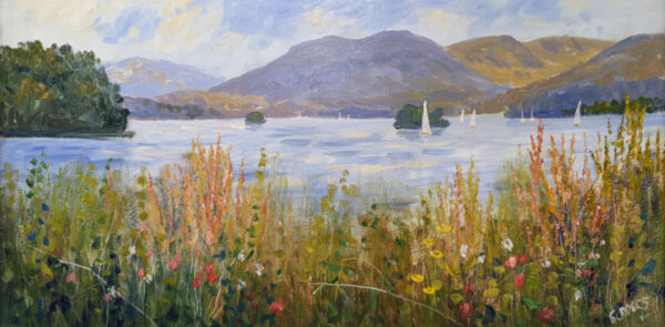 Lake District art original oil painting by Jeff Sudders. windermere shoreline colourful floral front overlooking lake islands and fells