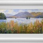 Lake District art original oil painting by Jeff Sudders. Windermere shoreline colourful floral front overlooking lake islands and fells