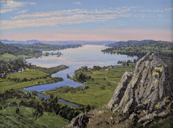 lake district art original oil painting by local artist simon whitfield windermere from loughrigg fell todd crag near ambleside