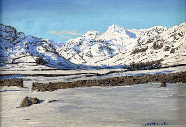 lake district art original oil painting by local artist simon whitfield winter in great langdale snow covered pikes