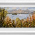 Lake District art original oil painting by Jeff Sudders. Derwentwater shoreline colourful floral front overlooking lake islands and fells