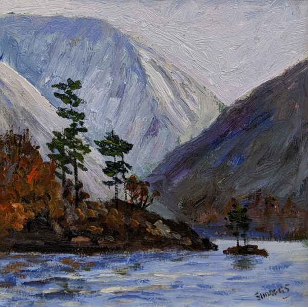 lake district art original oil painting by local artist Jeff Sudders featuring a corner of ullswater snow on tops of fells and water edge