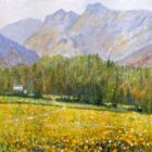 Lake District art original oil painting by Jeff Sudders featuring golden yellow meadows overlooking the Langdales with a small cottage in the distance