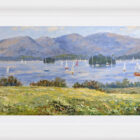 Lake District art original oil painting by Jeff Sudders featuring a meadow overlooking multiple sailboats on the water of Windermere. Fells in the distance with blue skies. Displayed in a white cushion frame.