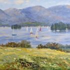 Lake District art original oil painting by Jeff Sudders featuring a meadow overlooking multiple sailboats on the water of Windermere. Fells in the distance with blue skies.