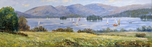Lake District art original oil painting by Jeff Sudders featuring a meadow overlooking multiple sailboats on the water of Windermere. Fells in the distance with blue skies.