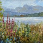 Lake District art original oil painting by Jeff Sudders featuring a summer shoreline bright flowers in the foreground peeking through to the lake sailboats and langdale pikes in the distance