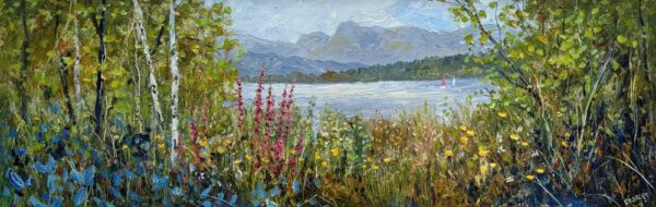 Lake District art original oil painting by Jeff Sudders featuring a summer shoreline bright flowers in the foreground peeking through to the lake sailboats and langdale pikes in the distance