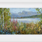 Lake District art original oil painting by Jeff Sudders featuring a summer shoreline bright flowers in the foreground peeking through to the lake sailboats and langdale pikes in the distance. Displayed in a white cushioned frame.