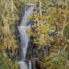 Lake District art original oil painting by Jeff Sudders featuring Aira Force waterfall including bridge and woodland.