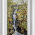 Lake District art original oil painting by Jeff Sudders featuring Aira Force waterfall including bridge and woodland.