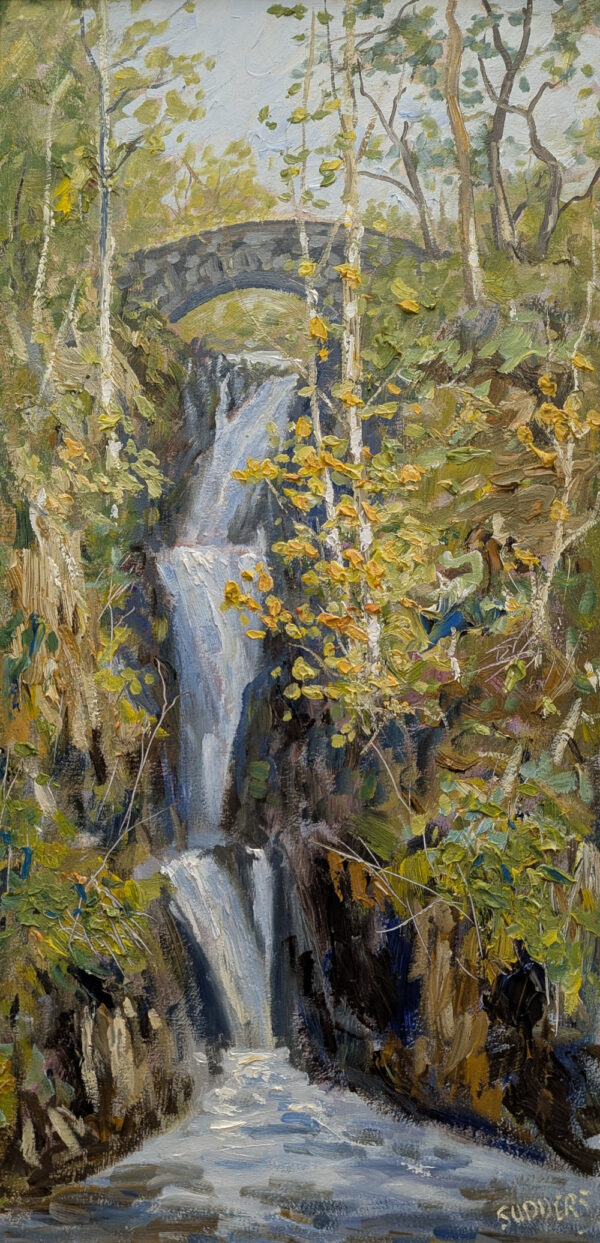 Lake District art original oil painting by Jeff Sudders featuring Aira Force waterfall including bridge and woodland.