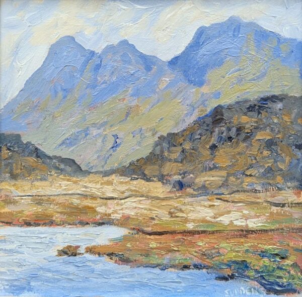 lake district art original oil painting by local artist Jeff Sudders featuring blea tarn blue skies and fells in the distance.
