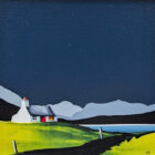Lake District Art original acrylic painting brotherswater by Jay Nottingham in his dramatic style of mountain sihouettes in blues with a cottage in the foreground.