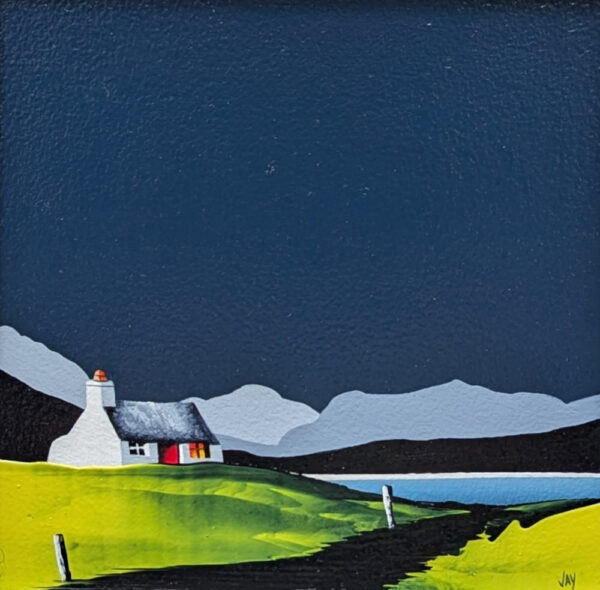 Lake District Art original acrylic painting brotherswater by Jay Nottingham in his dramatic style of mountain sihouettes in blues with a cottage in the foreground.