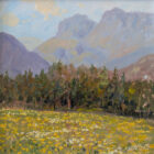 lake district art original oil painting by local artist Jeff Sudders featuring iconic langdale pikes with impasto buttercup valley meadow